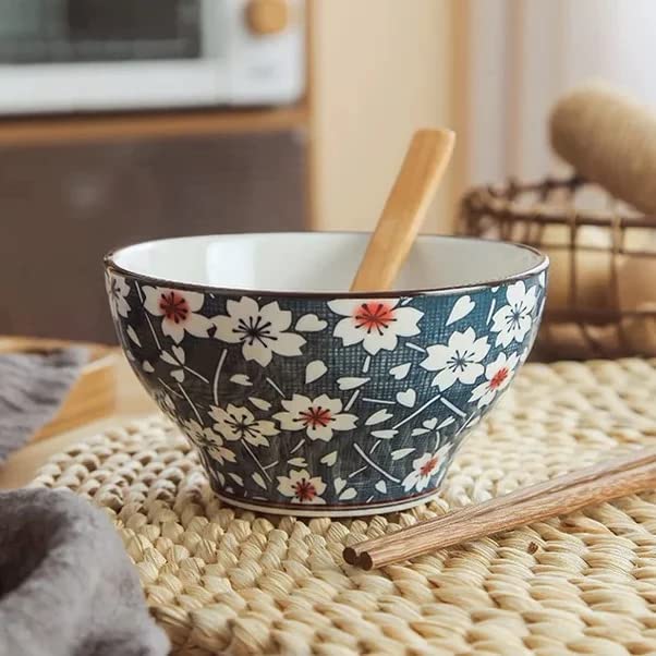 Image of YELONA Japanese Style Ceramic Bowls - 4.8 Inch (300ml), Set of 4 - Floral Design Rice /Noodle Bowls - Microwave & Dishwasher Safe, Ideal for Gifting Choice