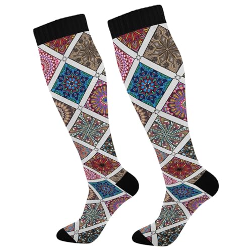 2 Pairs Unisex Compression Crew Knee Soft Circulation Socks High Sock Long Athletic for Running,Travel,Cycling Print Set colored Mandala Ethnic Elements