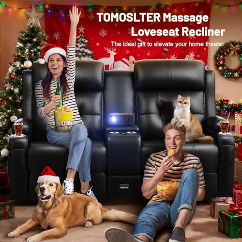 Image of Loveseat Recliner Sofa, Home Theater Seating with Massage, Reclining Loveseats with Console, Wall Hugger RV Couch Movie Theater Chairs, RV Furniture Sofas with USB, Cup Holders, Drawer for Gaming Room