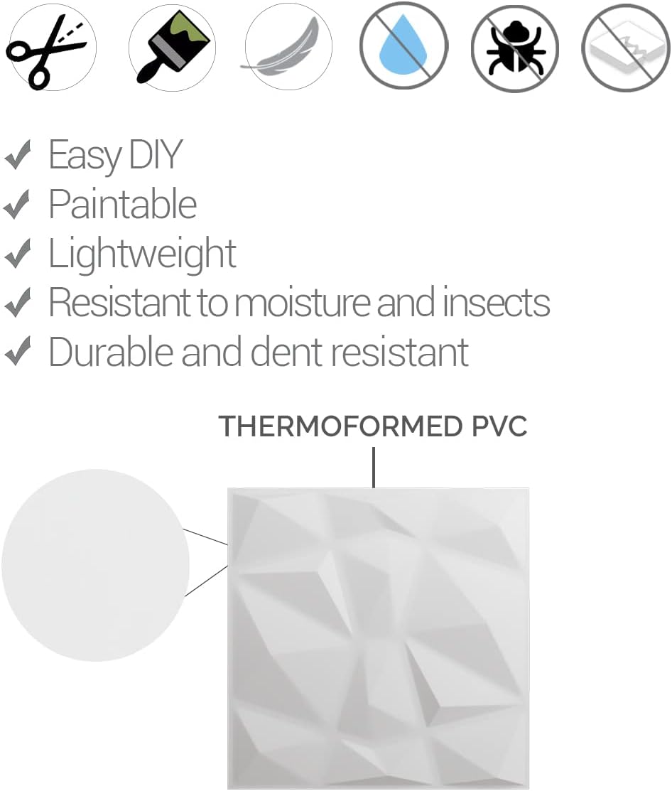 White Textured 3D PVC Wall Panel, 11 7/8" x 11 7/8"