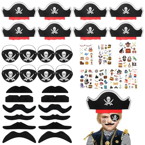 JOYUE 36 peças brinquedo pirata favores festa aniversário infantil, chapéu pirata criança remendo pirata bigode tatuagens pirata, acessórios de pirata crianças para festa pirata infantil jogo de