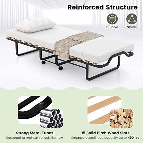 Komfott Folding Rollaway Bed With 4” Mattress, Roll Away Guest Bed For Adult, Space-Saving Fold-Up Bed For Easy Storage, Portable Guest Bed With Foam Mattress & Sturdy Steel Frame #TOP6