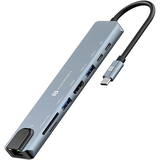 Portronics Mport 8 USB-C USB Hub/Docking Station(8-in-1) with 4K 30Hz HDMI, 100 Mbps Ethernet, USB 3.0, microSD/SD Card Reader, Type-C Data, PD Charging, USB 2.0, Type-C Plug for Laptop, Mac, PC