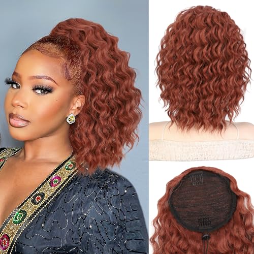 AISI BEAUTY Auburn Ponytail Extension 14 Inch Curly Drawstring Ponytail for Women Clip in Synthetic Curly Pony Tails Hair Extensions(Auburn)