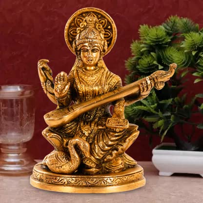 ARTVARKO Astadhatu Made Maa Saraswati Idol Sitting on Hans | Brass Devi Saraswati Siddhi Idol for Puja Sucess and Home Decor 5 Inch