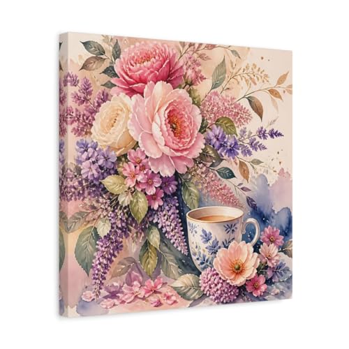 Tableau fleurs rose et violet 40x40 cm pour salon moderne au-dessus du canapé