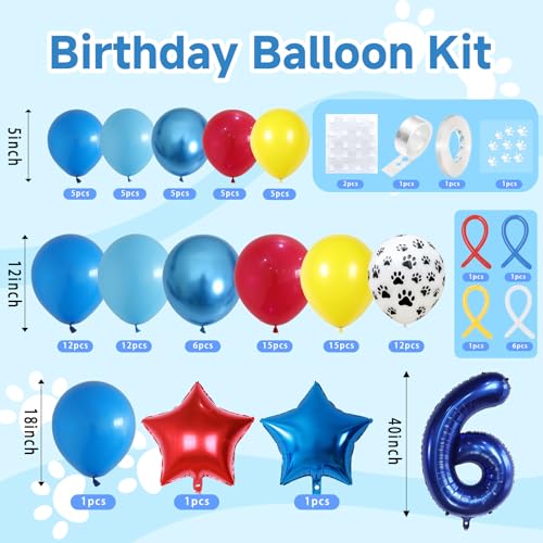 Image of 6th Birthday Decorations Boy, Dog Paw Six Years Old Party Arch with Red Blue Yellow Long Latex Balloons 40 inch Number 6 Balloon and Star Foil for Paw Birthday Party Supplies