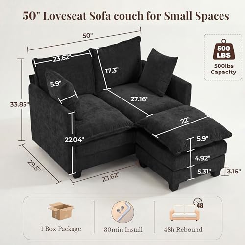 Image of Loveseat Sofa with Ottoman, Cloud 3-Layer Cushion, 27 inch Deep Seat Love Seat Small Couch with 2 Pillows for Small Spaces, Bedroom, Apartment, Office, Living Room, in a Box, 50-Inch Black