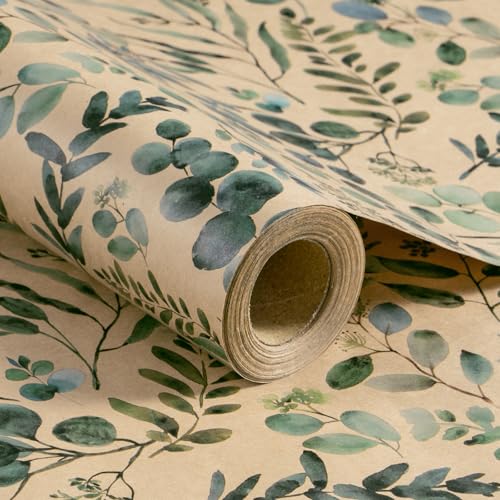 RUSPEPA Mini Kraft Hochzeitsgeschenkpapier 43 2cm x 5m Eukalyptusgrünes Blatt-Design Ideal für Frauen Frühling Sommer und Geburtstagsgeschenke