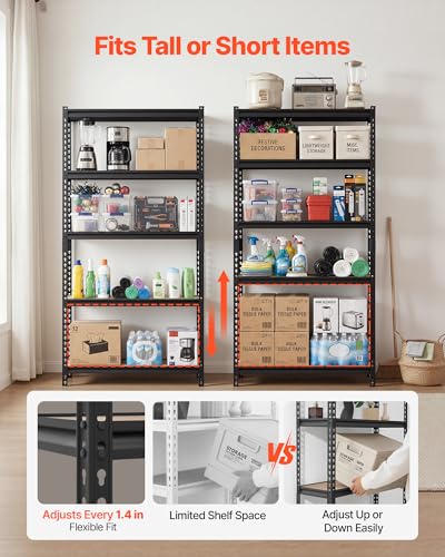 Image of VEVOR Storage Shelves, 5-Tier Adjustable, 3000 lbs Capacity, Heavy Duty Garage Storage Shelving Unit, Metal Utility Rack Shelf, for Kitchen Pantry Basement Bathroom, 36.34 inch W x 12.17 inch D x 71.38 inch H