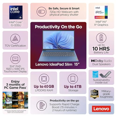 Lenovo IdeaPad Slim • 15.6" FHD Touchscreen Laptop • Intel Core i5-1335U (10 Cores) • 16GB DDR4RAM • 512GB SSD • Privacy Shutter • 10H Battery • Windows 11 - Image 3
