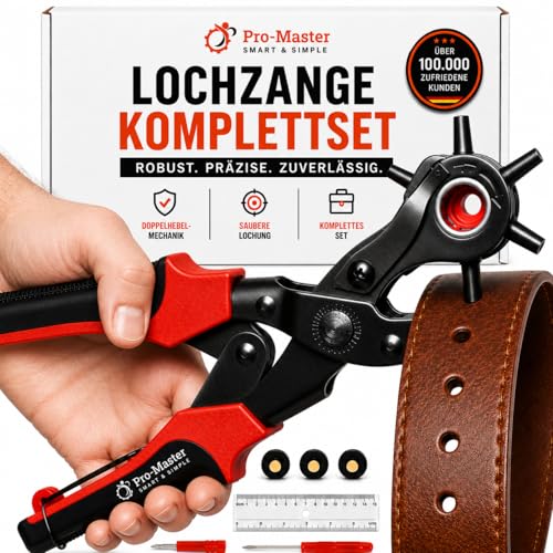PRO-MASTER robuste Lochzange für Leder & Gürtel Komplettset mit 6-fach verstellbarer Revolverlochzange 24 5 mm Gürtellocher Set für Hundehalsband Lederarmband Stoff Canvas Gummi & Kunststoff