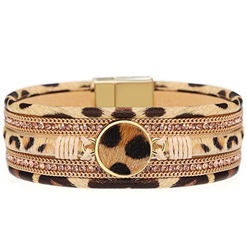 Gleamart Multi-Layer Leder Armband Perlen Wickel Manschette Armreif für Frauen Leopard Khaki Cover