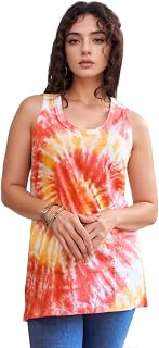 HueCoast Women's Tie Dye Cotton Tank T-Shirt - Orange and Yellow | Sleeveless Round Neck Relaxed Fit Top for Gym, Casual O... Price In India