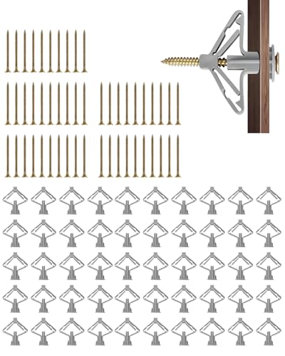 JUKOTA - JUKOTA Kit de 100 chevilles papillon pour cloison sèche, chevilles papillon avec vis, pour plaques de plâtre, panneaux de fibres et béton (50 chevilles + 50 vis), vis d'extension de 60 mm incluses