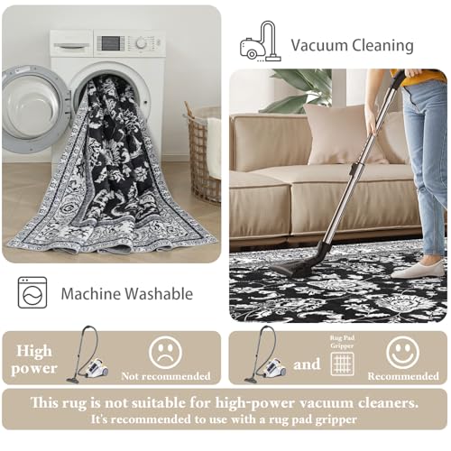 Tapete Floral Lavable 5x7 ft Negro Blanco miniatura 5