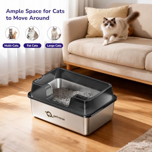 Image of Petverse Stainless Steel Cat Litter Box [60x40x22cm] Extra Large Metal Cat Litter Tray with Scoop | Non-Stick,Odour Resistant & Easy to Clean | Durable Leak-Resistant Litter Box for Indoor Cats