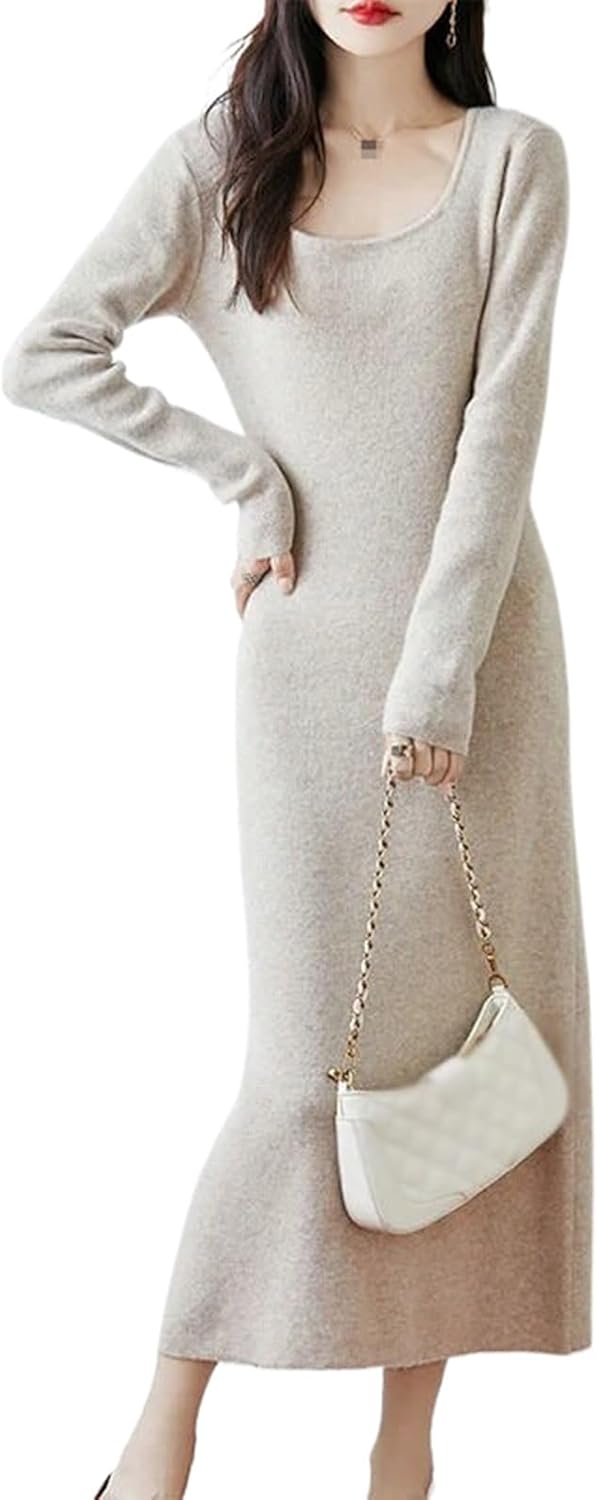 Wool Dress Women Long Sleeve O-Neck Wool Knit Sweater Skirt Spring Autumn Winter Female Dresses