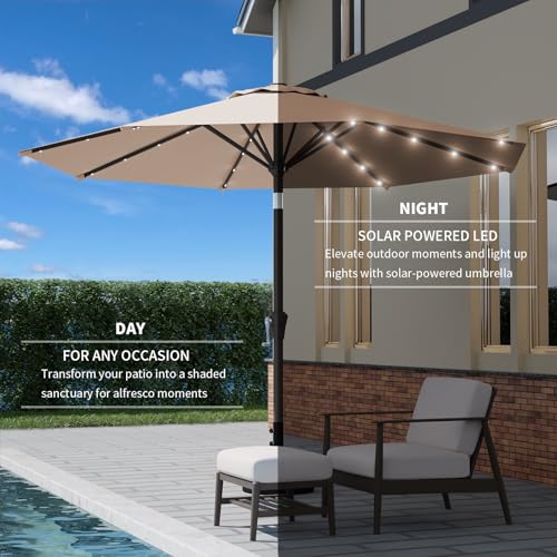 Image of 9FT Patio Umbrella with Solar Lights,Outdoor Market Umbrella with Tilt and Crank, LED Lighted Table Umbrella for Garden,Deck,Backyard,Pool,Beach (Beige)