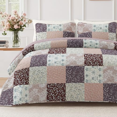 Exclusivo Mezcla Reversible Boho Quilt Set Queen Size, 3 Pieces Patchwork Brown All Season Bedspreads, Ultra Soft Floral Coverlet Bedding Set with Printed Pattern (1 Quilt, 2 Pillow Shams)