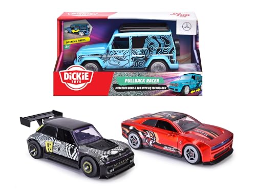 Dickie Toys - Pullback Racer (1 Stück) - Auto mit Rückzugmotor für Kinder ab 3 Jahre mit Gummireifen und zu öffnenden Türen, zufällige Auswahl aus 3 Spielzeugautos, je 15 cm