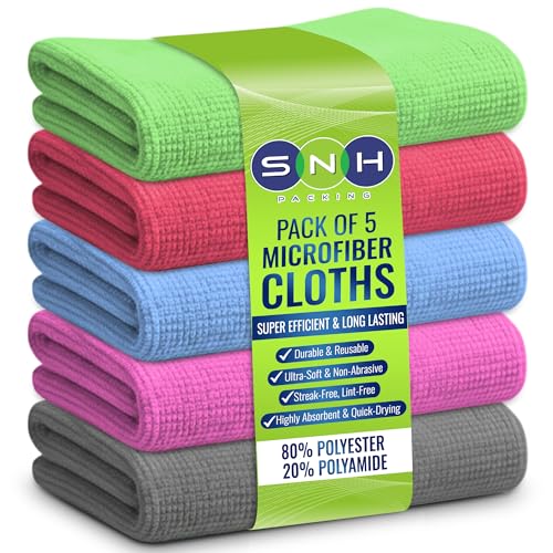 SNH Packing 5 Pieces Multicolor Microfiber Cleaning Cloth (4040 cm) Multi-Purpose Bathroom Car Kitchen Towels Set Super Absorbent Reusable Cleaning Towels Kitchen Cloth Dusters