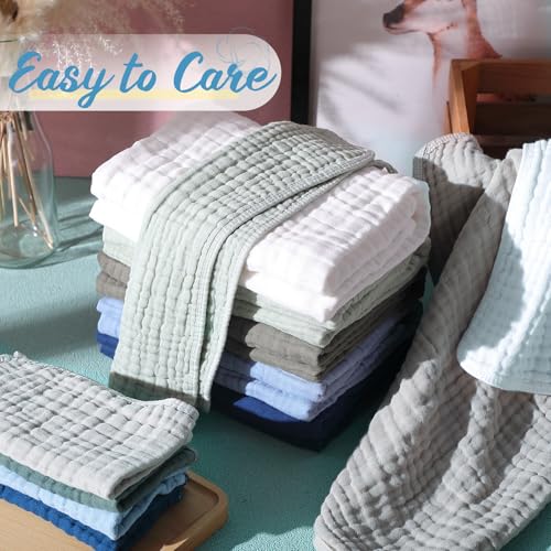 Image of VitalCozy 12 Pcs Baby Muslin Hooded Bath Towels and Washcloths, Muslin Hooded Baby Towels Absorbent Blankets for Gift Newborn Infant Shower (Green Blue Gray)