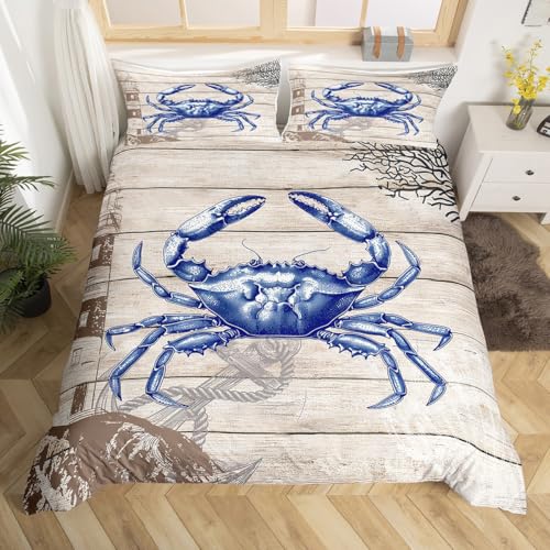 Crab Duvet Cover Toddler Size,Ocean Animals Underwater Coral Comforter Cover with 1 Pillowcase,Wooden Stripes Bedding Set 2pcs for Kids Boys Girls,Grey Blue Coastal Quilt Cover,Not Comforter