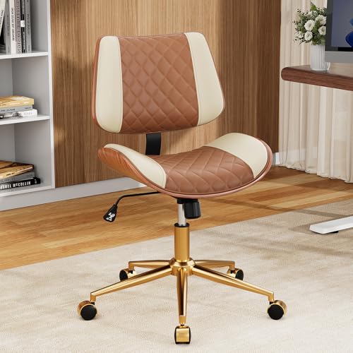 Image of Armless Office Chair with Back, Mid Century Modern Small Desk Chair, No Arms Leather Computer Chair for Home Office, Swivel Vanity Chair, Rolling, Adjustable Height (Brown+Beige)