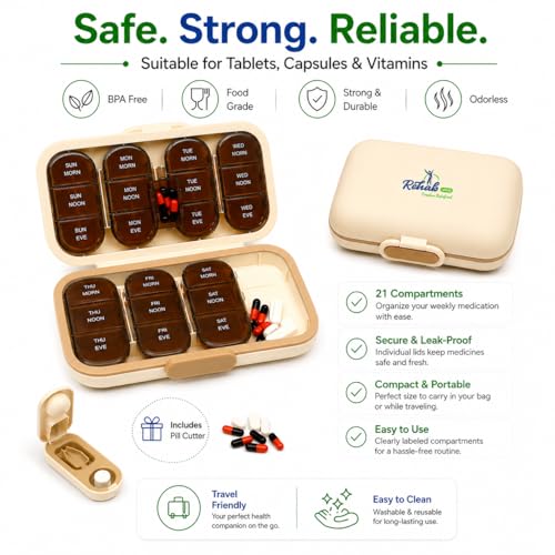 Image of Weekly Pill Organizer with Tablet Cutter | Medicine Organizer & Pill Box, BPA-Free Portable Travel Medicine Box, Ideal Tablet Box for Medicine, Vitamins & Supplements (SANDAL ( MODEL : TABBY 105 ))
