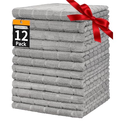 HOMERHYME Hand Towels, 12 Pack 25”*15” Gym Towels, Grey Quick Dry Lint Free Soft Absorbent Bulk Checkered Fingertip Washcloths Bath Towels for Bathroom Kitchen Salon Workout Shower