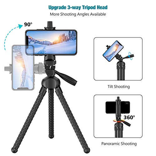 Phone Tripod Flexible Upgraded, 11" Portable Cell Phone Camera Travel Tripod Stand with Wireless Remote Shutter and Universal Phone Mount, Compatible with iPhone, Android Phones, Sports Camera GoPro - Thumbnail 2