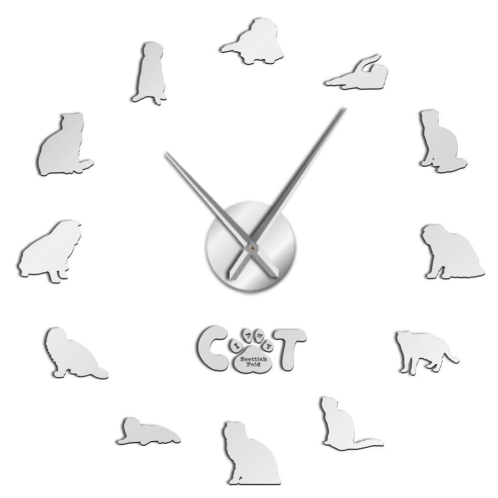 Scottish Fold Cat Mirror Effect Sticker DIY Wall Art Large Wall Clock Wall Decoration(Silver,37in)