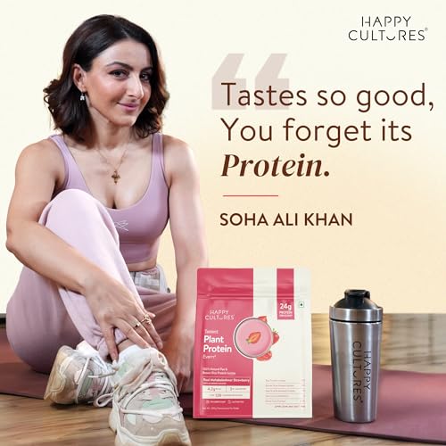 Image of Happy Cultures 24g Tastiest Plant Protein| Mahabaleshwar Strawberry & Almond Chunks| No Added Sugar| Pea & Brown Rice Protein Isolate| Vegan| 20 Complete Amino Acids| Monk Fruit Extract| Women & Men| No Bloating, Easy to Digest| Dairy Free with Probiotics - 505g
