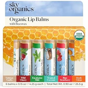 Sky Organics Organic Lip Balm with Beeswax and a Rich Nourishing Blend of Plant Oils, Moisturizing Lips Balms to Lock In Moisture and Keep Lips Feeling Soft and Smooth, Six Assorted Flavors, 6pk.