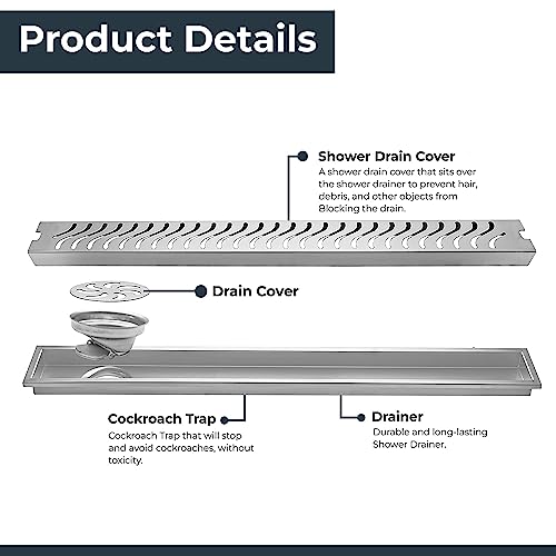 Image of Aquieen Shower Water Drainer Floor Bathroom Grating with SS 304 Anti-Foul Cockroach Trap (Grade AISI 304) (30 inch) (Wave Shower Drainer 30 inch (Side Hole, 30 inch x 4 inch)