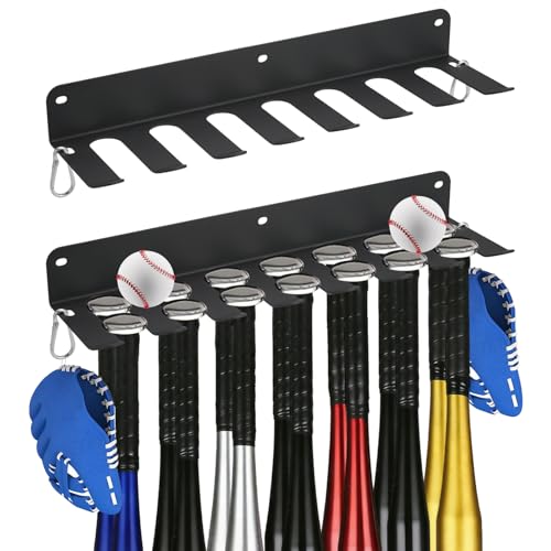 2 Pack Baseball/Softball Bat Holder, Wall Mount Gym Sports Equipment Organizer Hanger Racks, Heavy Duty Metal Storage and Display Caddy Holding 28 Bats for Dugout Fence Home Garage with 4 Buckles