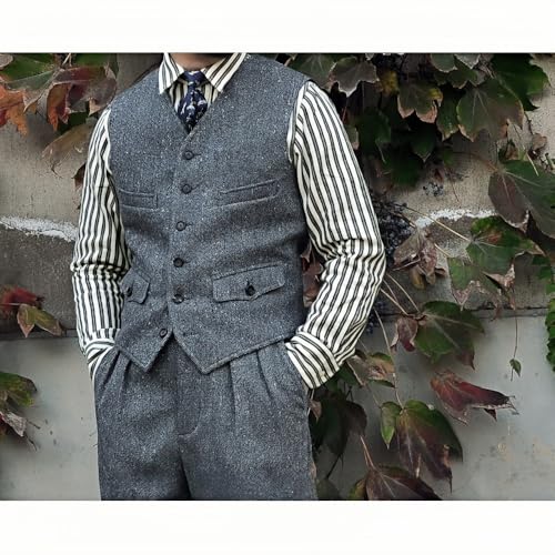 SevenBoy Men’s Vintage Tweed Vest Waistcoat – Retro Hunting-Inspired Multi-Pocket Wool Vest for Men3
