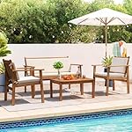 Greesum Outdoor Patio Furniture, 4 Piece Bistro Sofa Set with Coffee Table and Loveseat, Acacia Wood Conversation Sets with Cushions, for Garden, Backyard, Poolside, White - Image 3