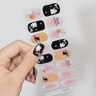 LBPEPAMZ 1Sheet/16Pcs Halloween Semi Cured Gel Nail Strips Cute Ghost Pumpkin Nail Polish Strips Pink Ombre Bat Nail Stickers Star Boo Full Cover Nail Decals Black Nail Decorations for Manicure DIY