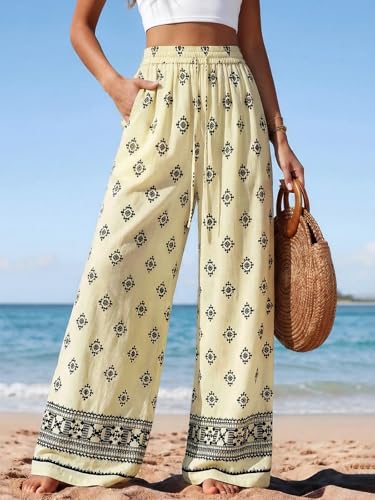 Image of PRETTYGARDEN Womens Pants Elastic Waist Floral Lightweight Palazzo Pants for Women Casual Lounge Wide Leg Pants Woman