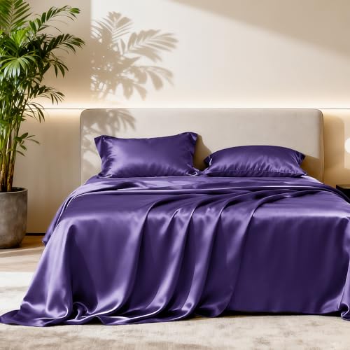Image of Love's cabin Satin Queen Sheets Set - 4 Piece Purple Silky Bed Sheets Set with Deep Pocket, Luxury Silk Feel Satin Queen Size Sheet Set (1 Flat Sheet,1 Fitted Sheet,2 Pillow Cases)