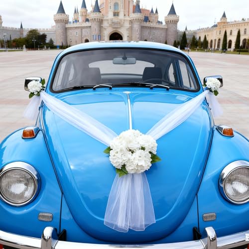 Wedding Car Decoration with White Satin Ribbons & Artificial Flowers &ndash; Just Married Vehicle Decor...