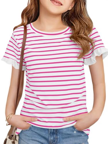 Image of Haloumoning Girls Striped Ruffle Short Sleeve T Shirts Kids Summer Crewneck Tops Casual Tees 5-14 Years
