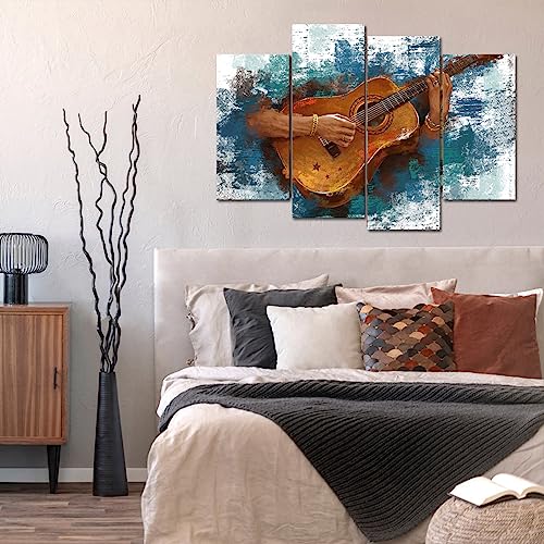 Ryounoart 4 Piece Guitar Canvas Wall Art Musical Man Painting Pictures Jazz Artwork Giclee Print Ready To Hang #TOP3