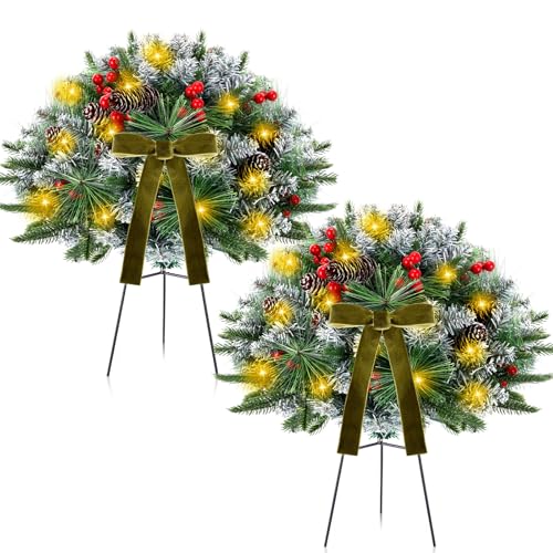 2 Pack 18" Lighted Outdoor Christmas Urn Filler with Remote & Timer, 60 LEDs Pre-lit Snowy Artificial Xmas Tree Planter Insert, Velvet Bows for Front Porch, Yard Decor(Olive Green)