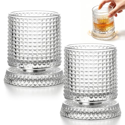 Spinning Whiskey Glasses, Rotating Whiskey Glasses Set of 2, 360° Rotating Glasses with Sturdy Base for Bourbon, Scotch, Tequila, Cocktail - Ideal Gifts for Men & Party Entertainment