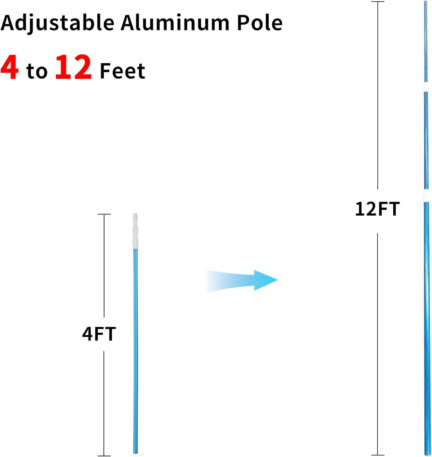 Durable 4-12 Ft Telescopic Pool Pole for Pool Cleaning, Anodized Aluminum Extendable Handle with Quick-Lock Mechanism for Pool Skimmer, Brush & Vacuum Head