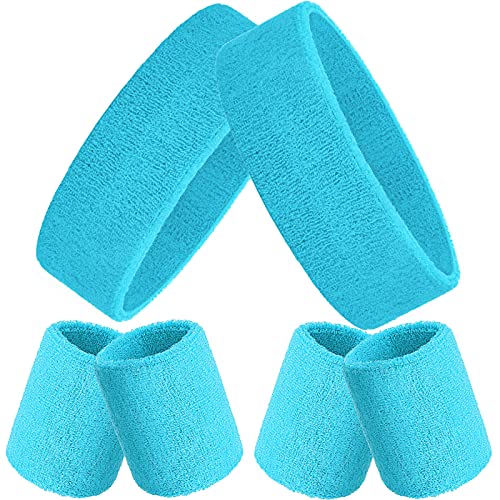Bememo 6 Pieces Sweatbands Set 2 Sports Headbands and 4 Wristbands Striped Sweat Band for Men Women Colorful Neon Athletic Running Gym Basketball Tennis(Neon Blue)
