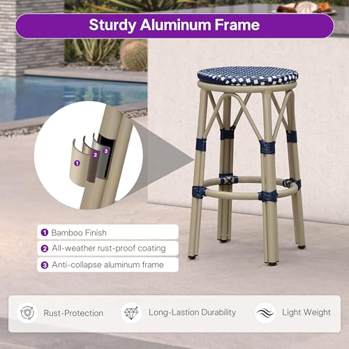 Image of PURPLE LEAF Patio Round Counter Height Stool Set of 2 Outdoor Backless Barstools Aluminum Frame in Champagne Finish with NavyBlue & White Woven Rattan for Indoor Kitchen Dining Bistros Cafe Restaurant